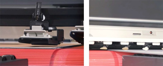 圖3 輸送帶輸送系統前後所搭載的固定壓輪模組 強力鎖定滾輪(左)．後方鎖定滾輪(右)